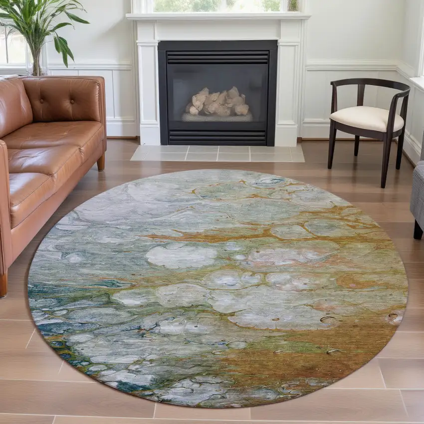 8' X 8' Rust Teal And Gray Abstract Washable Round Rug With UV Protection Photo 4
