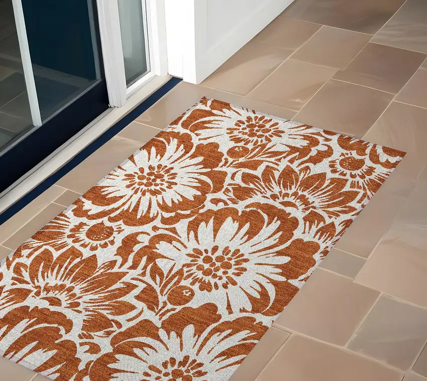 Rust and Ivory Floral Washable Non Skid Indoor Outdoor Area Rug Photo 1