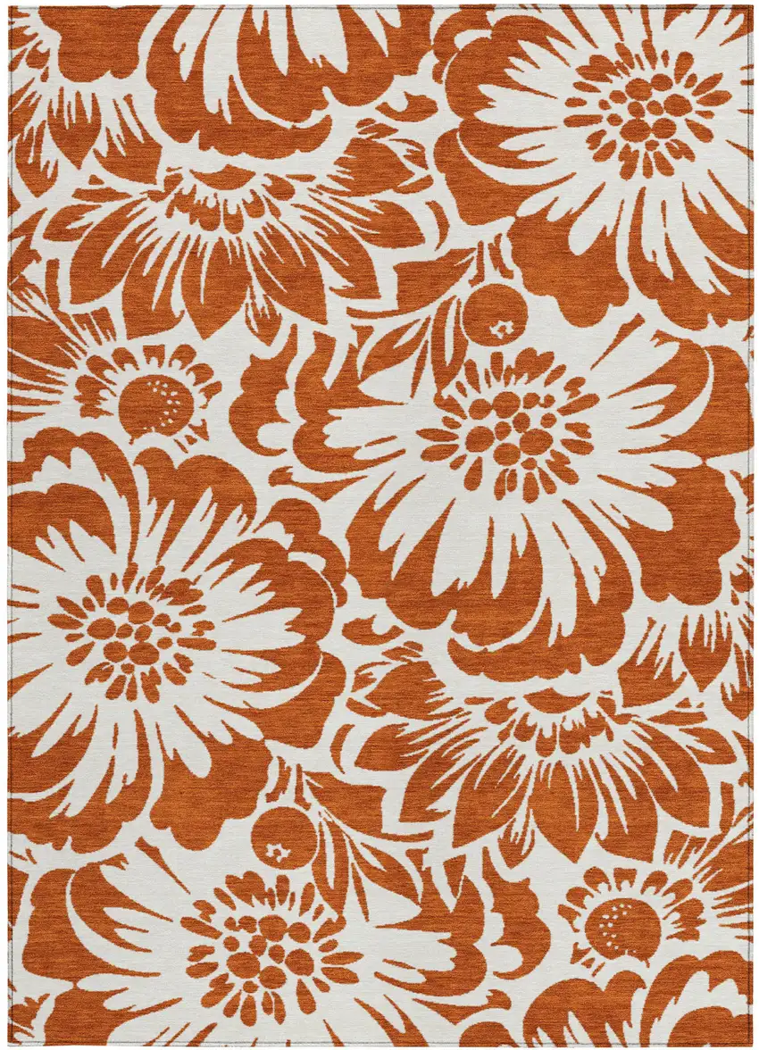 3' X 4' Rust and Ivory Floral Washable Non Skid Indoor Outdoor Area Rug Photo 4