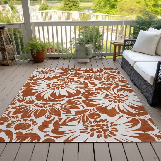 Rust and Ivory Floral Washable Non Skid Indoor Outdoor Area Rug Photo 9