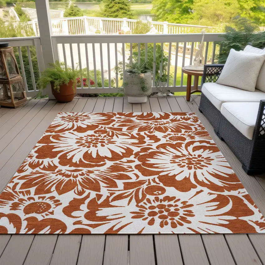 Rust and Ivory Floral Washable Non Skid Indoor Outdoor Area Rug Photo 9
