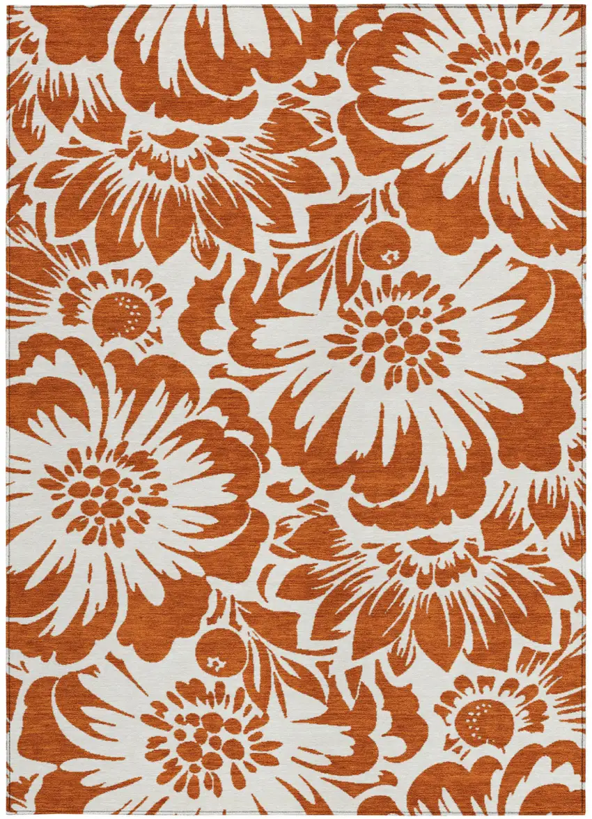 Rust and Ivory Floral Washable Non Skid Indoor Outdoor Area Rug Photo 5