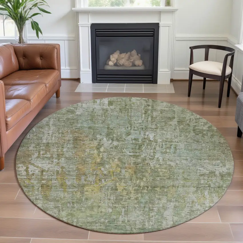8' X 8' Sage Gold And Beige Abstract Washable Round Rug With UV Protection Photo 4