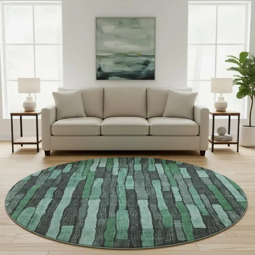8' X 8' Sage Gray And Teal Striped Washable Round Rug With UV Protection Photo 2