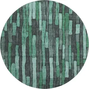 Photo of 8' X 8' Sage Gray And Teal Striped Washable Round Rug With UV Protection