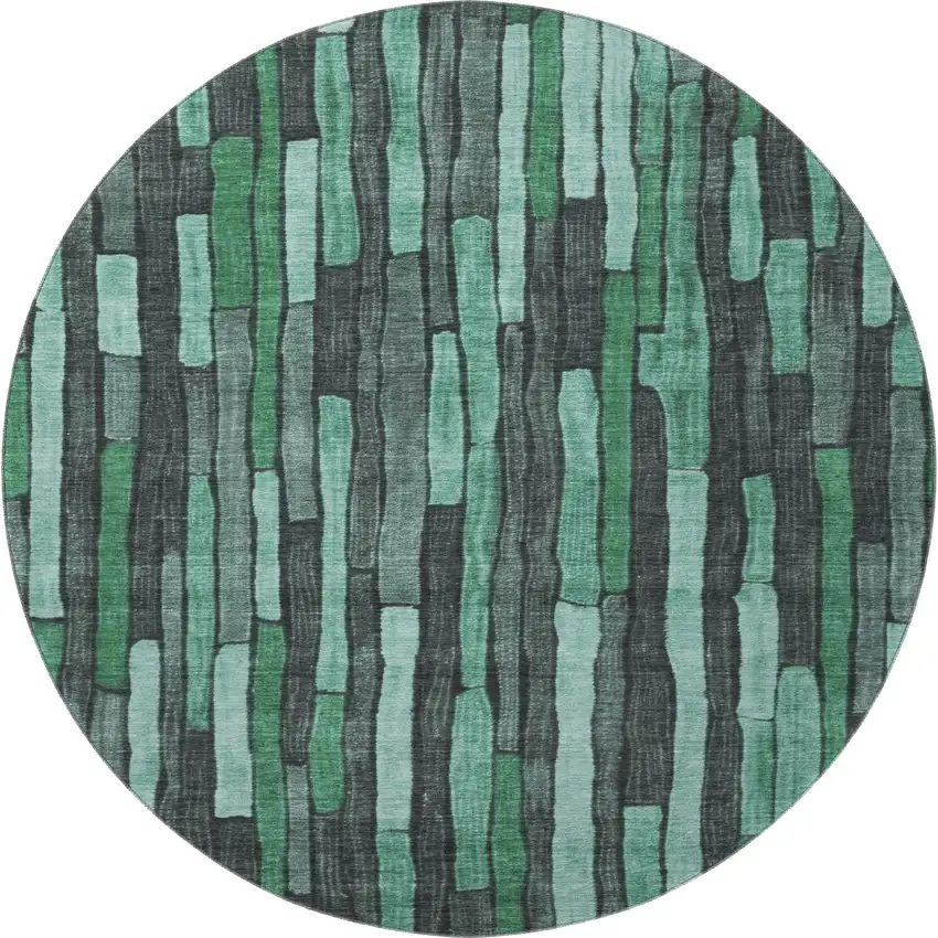 8' X 8' Sage Gray And Teal Striped Washable Round Rug With UV Protection Photo 2