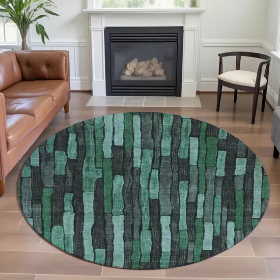 8' X 8' Sage Gray And Teal Striped Washable Round Rug With UV Protection Photo 3
