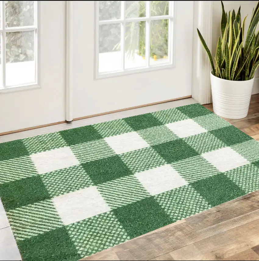 Sage Green And White Plaid Tufted Washable Non Skid Area Rug Photo 1