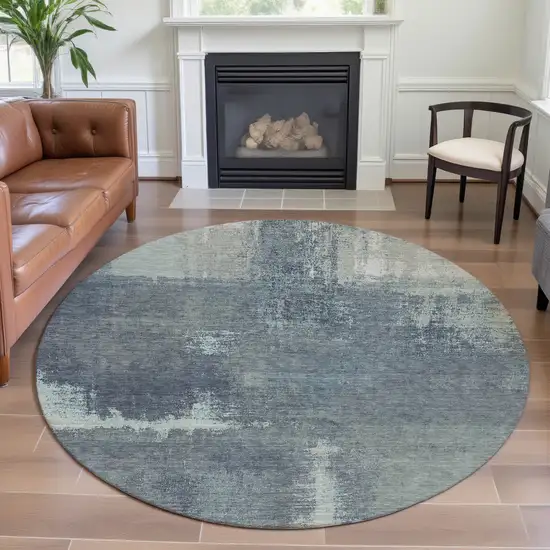 8' X 8' Sage Ivory And Blue Abstract Washable Round Rug With UV Protection Photo 4