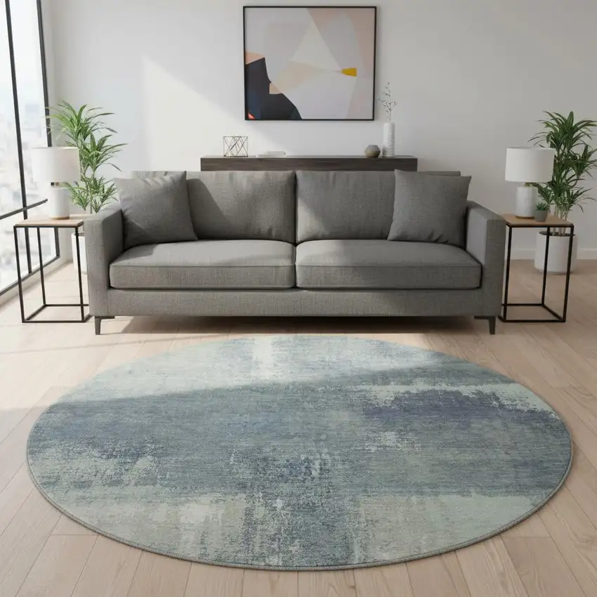 8' X 8' Sage Ivory And Blue Abstract Washable Round Rug With UV Protection Photo 2