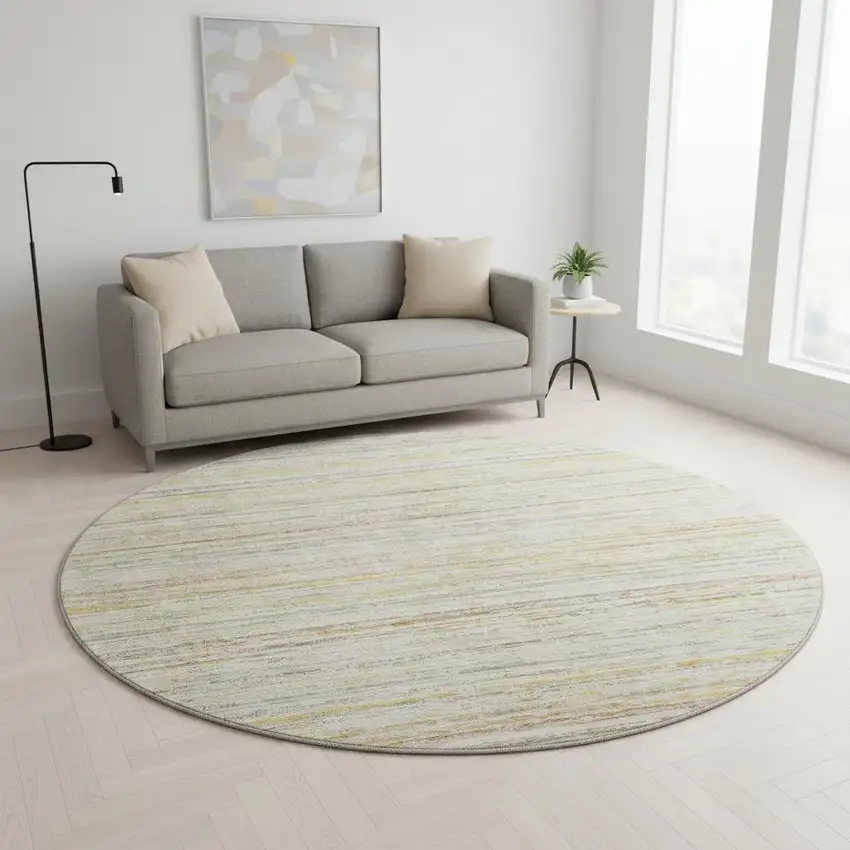8' X 8' Sage Ivory And Gold Striped Washable Round Rug With UV Protection Photo 2