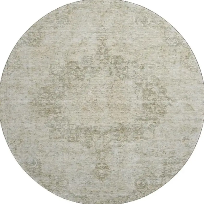 8' X 8' Sage Ivory And Gray Oriental Washable Round Rug With UV Protection Photo 3