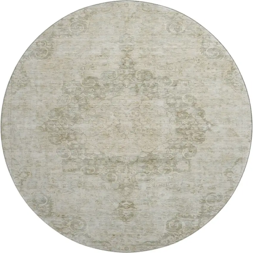 8' X 8' Sage Ivory And Gray Oriental Washable Round Rug With UV Protection Photo 1