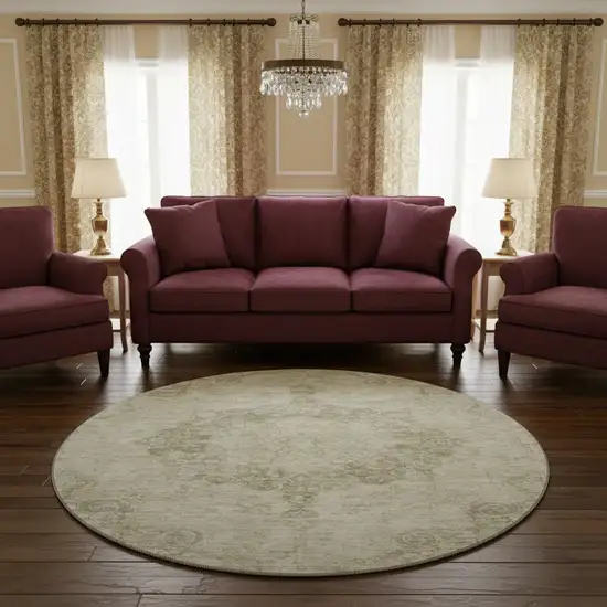 8' X 8' Sage Ivory And Gray Oriental Washable Round Rug With UV Protection Photo 2