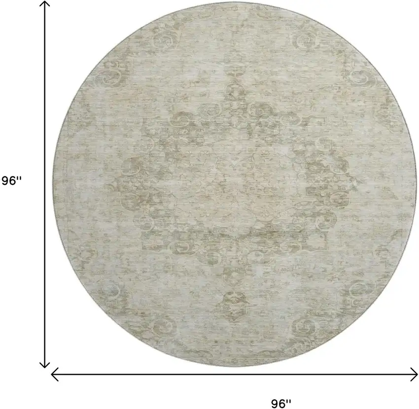 8' X 8' Sage Ivory And Gray Oriental Washable Round Rug With UV Protection Photo 9