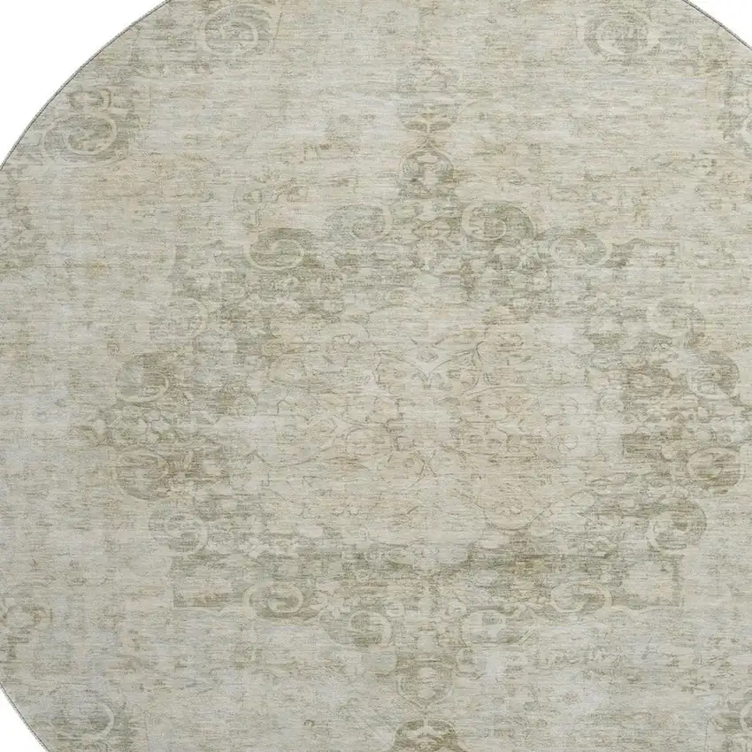 8' X 8' Sage Ivory And Gray Oriental Washable Round Rug With UV Protection Photo 2