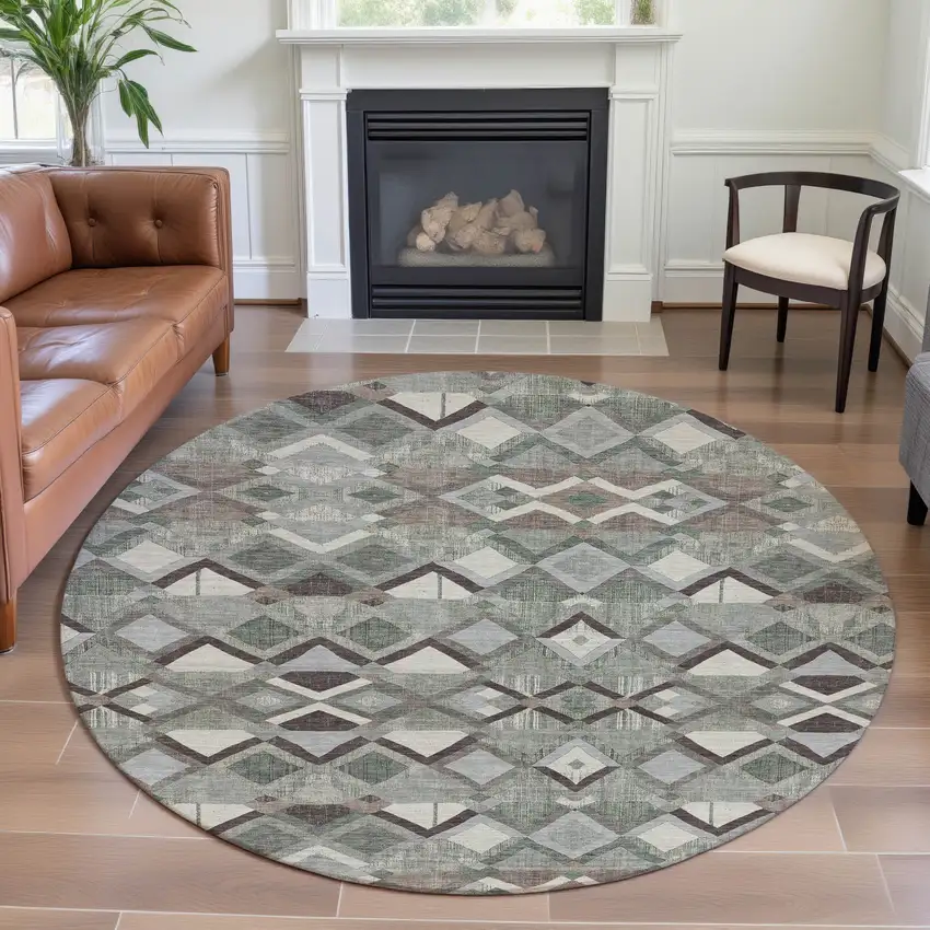 8' X 8' Sage Ivory And Taupe Geometric Washable Round Rug With UV Protection Photo 4