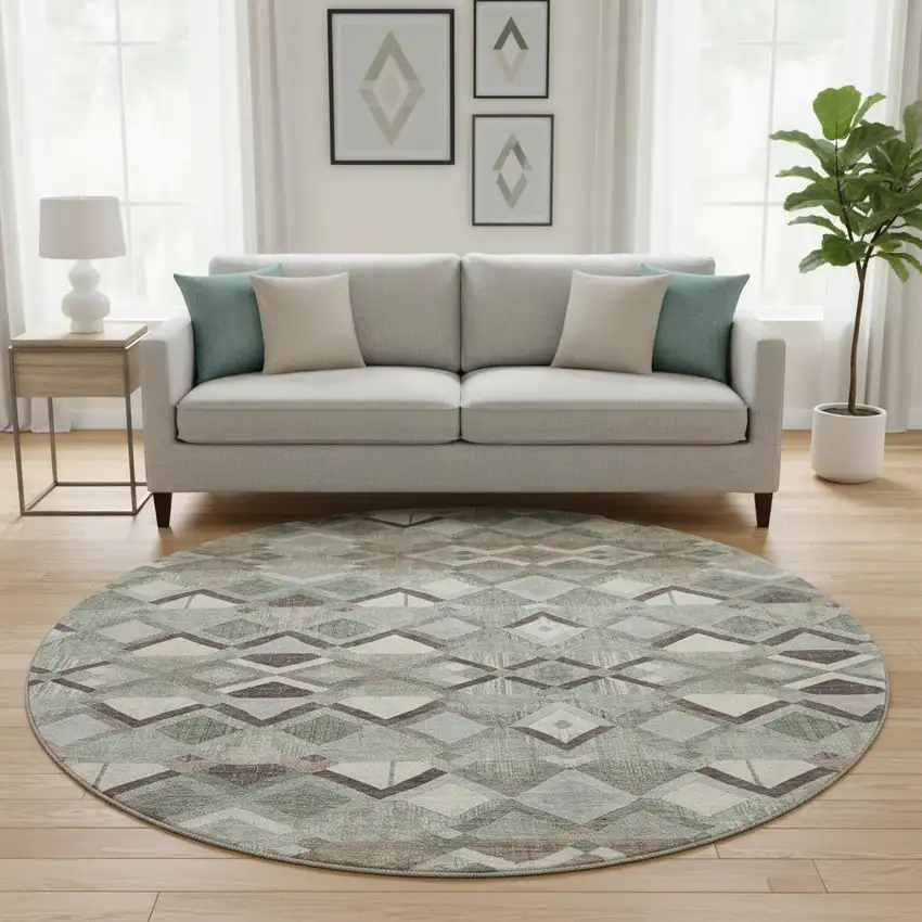 8' X 8' Sage Ivory And Taupe Geometric Washable Round Rug With UV Protection Photo 2