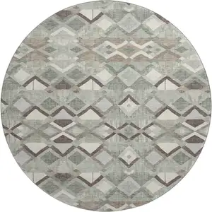 Photo of 8' X 8' Sage Ivory And Taupe Geometric Washable Round Rug With UV Protection