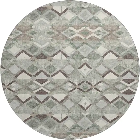8' X 8' Sage Ivory And Taupe Geometric Washable Round Rug With UV Protection Photo 1