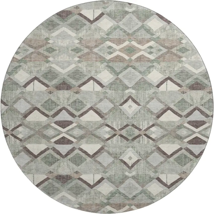 8' X 8' Sage Ivory And Taupe Geometric Washable Round Rug With UV Protection Photo 1
