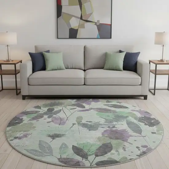8' X 8' Sage Lavender And Gray Floral Washable Round Rug With UV Protection Photo 2