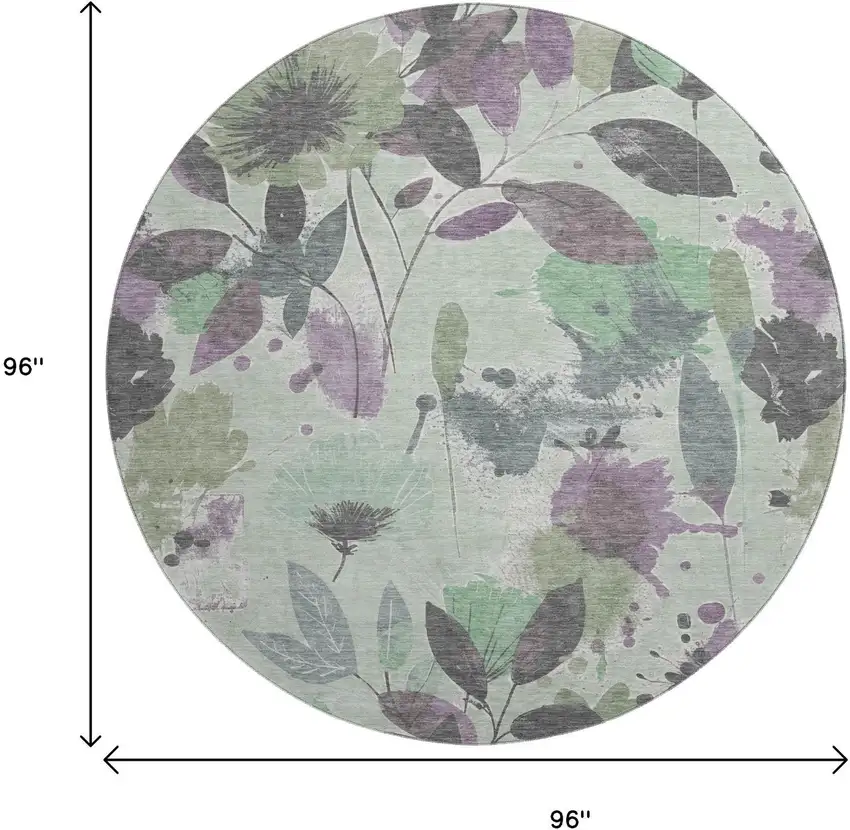 8' X 8' Sage Lavender And Gray Floral Washable Round Rug With UV Protection Photo 9