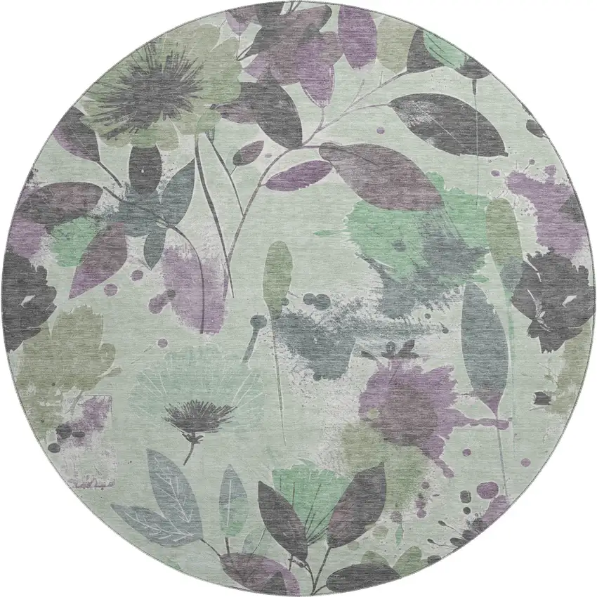 8' X 8' Sage Lavender And Gray Floral Washable Round Rug With UV Protection Photo 1