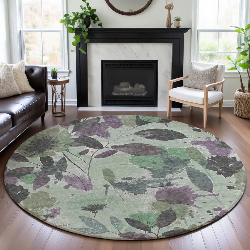 8' X 8' Sage Lavender And Gray Floral Washable Round Rug With UV Protection Photo 4