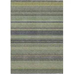 Photo of 3' X 5' Sage Striped Washable Non Skid Indoor Outdoor Area Rug