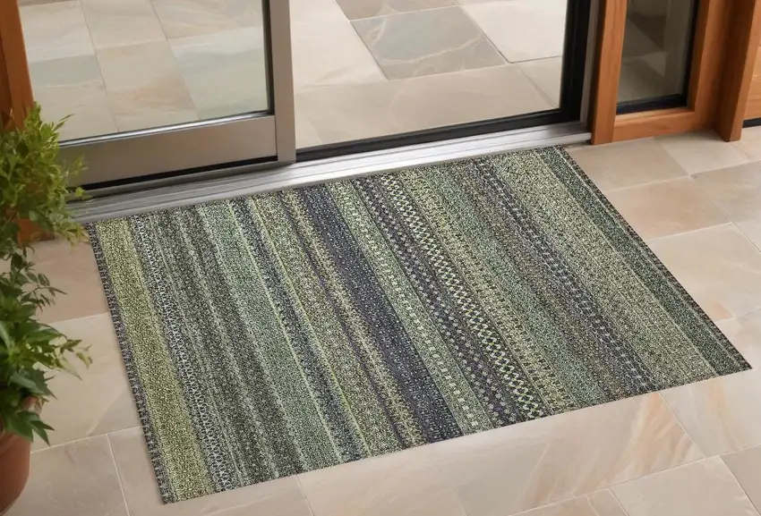Sage Striped Washable Non Skid Indoor Outdoor Area Rug Photo 2