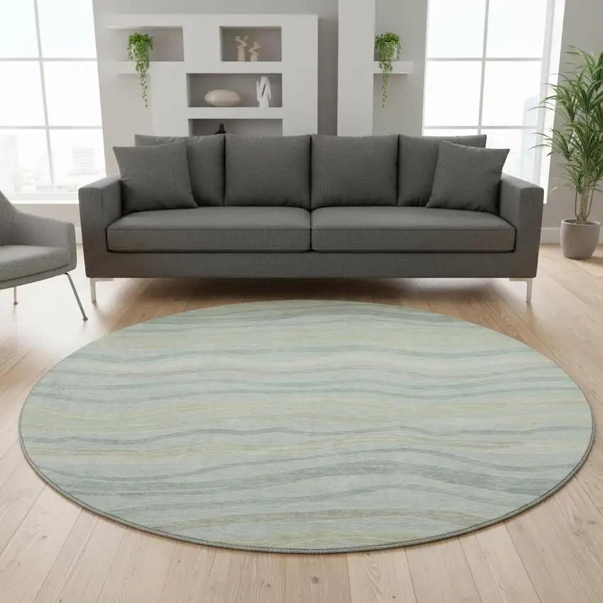 8' X 8' Sage Taupe And Ivory Striped Washable Round Rug With UV Protection Photo 2