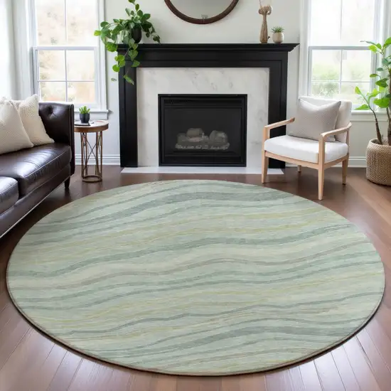 8' X 8' Sage Taupe And Ivory Striped Washable Round Rug With UV Protection Photo 4
