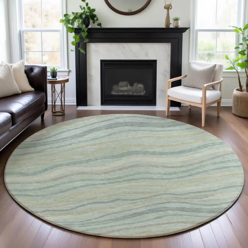 8' X 8' Sage Taupe And Ivory Striped Washable Round Rug With UV Protection Photo 4