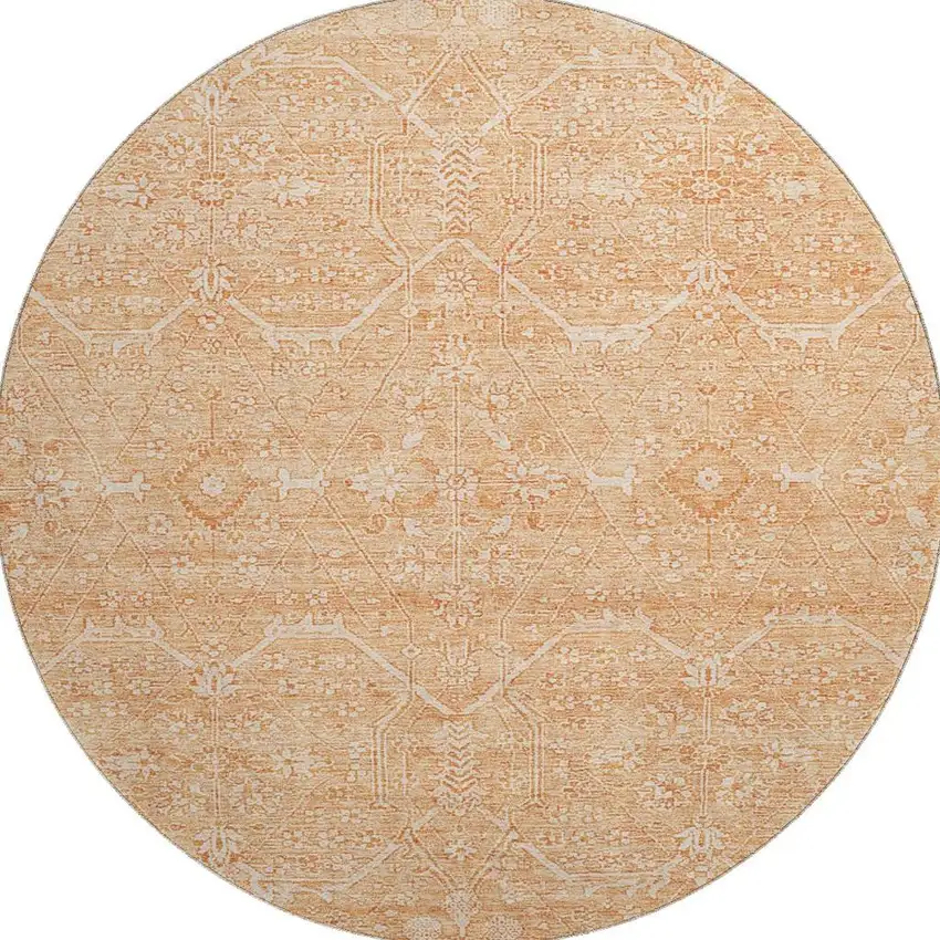 8' X 8' Salmon And Ivory Floral Washable Round Rug With UV Protection Photo 3