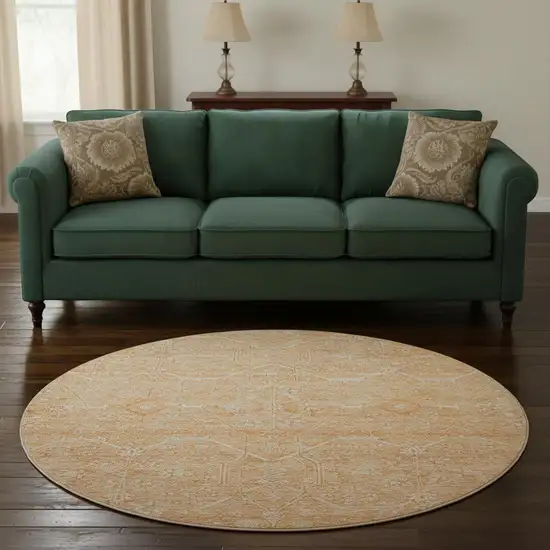 8' X 8' Salmon And Ivory Floral Washable Round Rug With UV Protection Photo 2