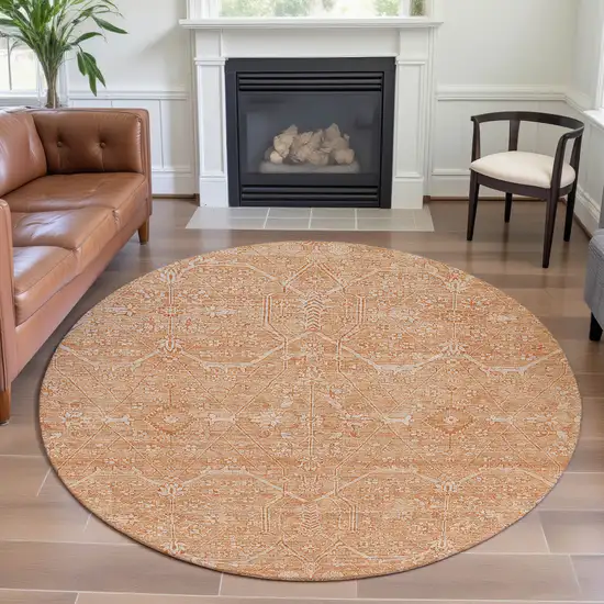 8' X 8' Salmon And Ivory Floral Washable Round Rug With UV Protection Photo 4