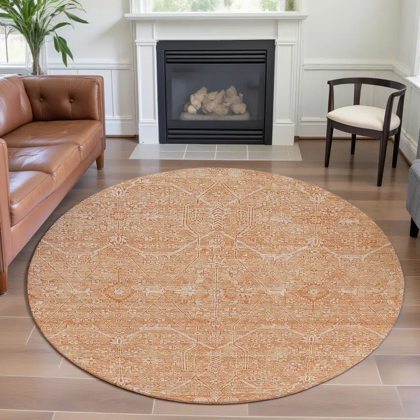 8' X 8' Salmon And Ivory Floral Washable Round Rug With UV Protection Photo 4