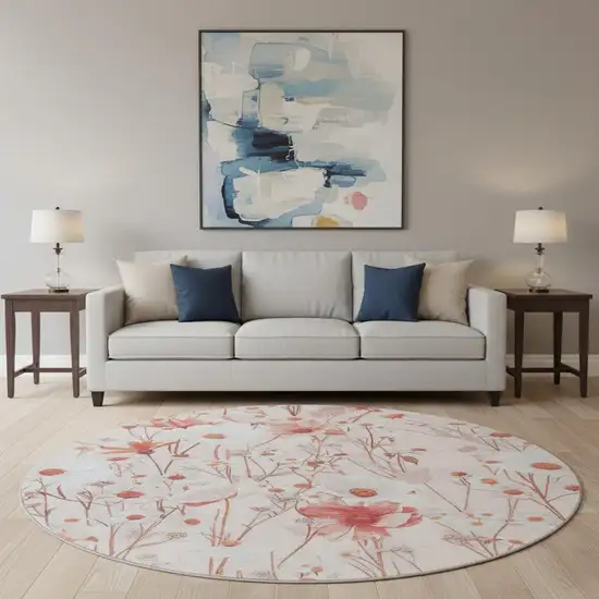 8' X 8' Salmon And Ivory Floral Washable Round Rug With UV Protection Photo 2