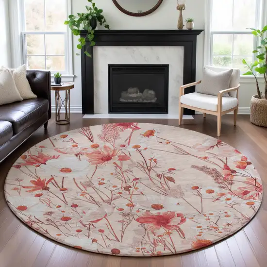 8' X 8' Salmon And Ivory Floral Washable Round Rug With UV Protection Photo 4