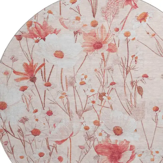 8' X 8' Salmon And Ivory Floral Washable Round Rug With UV Protection Photo 2