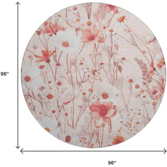 8' X 8' Salmon And Ivory Floral Washable Round Rug With UV Protection Photo 9