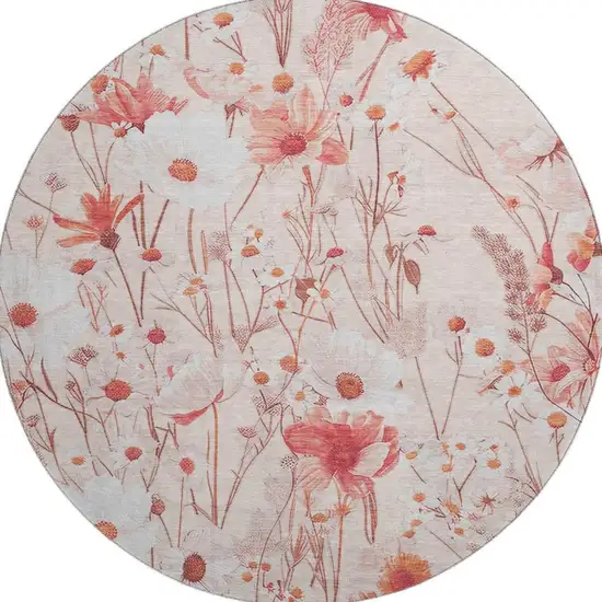 8' X 8' Salmon And Ivory Floral Washable Round Rug With UV Protection Photo 3