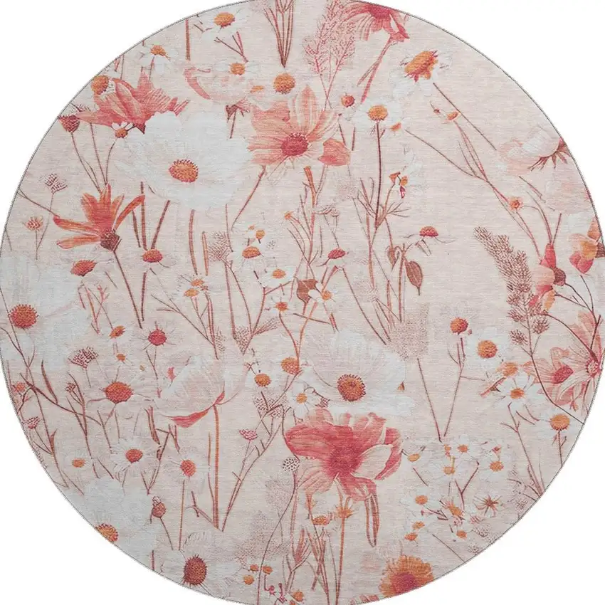 8' X 8' Salmon And Ivory Floral Washable Round Rug With UV Protection Photo 3