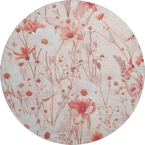8' X 8' Salmon And Ivory Floral Washable Round Rug With UV Protection Photo 1