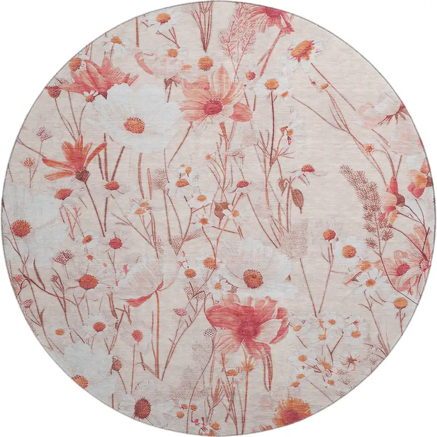8' X 8' Salmon And Ivory Floral Washable Round Rug With UV Protection Photo 1