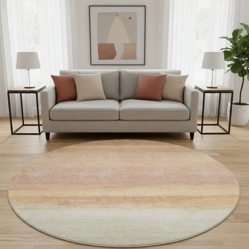 8' X 8' Salmon And Ivory Striped Washable Round Rug With UV Protection Photo 2