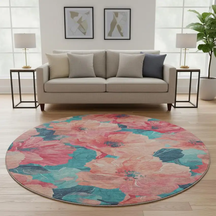 8' X 8' Salmon And Teal Floral Washable Round Rug With UV Protection Photo 2