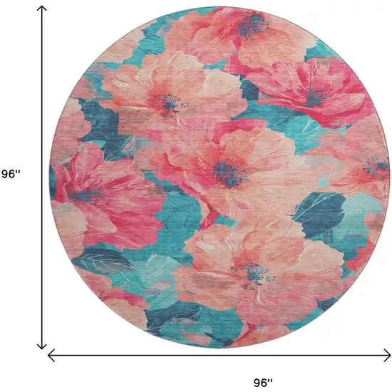 8' X 8' Salmon And Teal Floral Washable Round Rug With UV Protection Photo 9