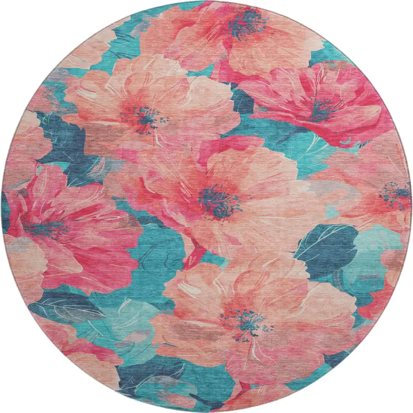 8' X 8' Salmon And Teal Floral Washable Round Rug With UV Protection Photo 1